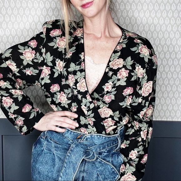 Vintage Jackets & Blazers - Vintage Floral Pink & Black Button Blazer/Shirt